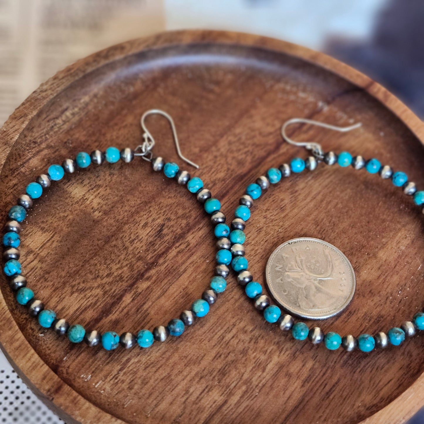 Boucles d'oreille à anneaux de perles argent & turquoise