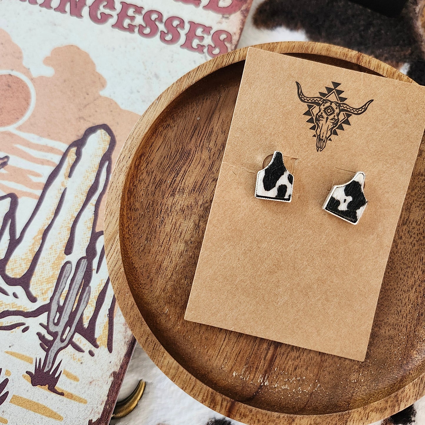 Black Mini Cow Tag Earrings