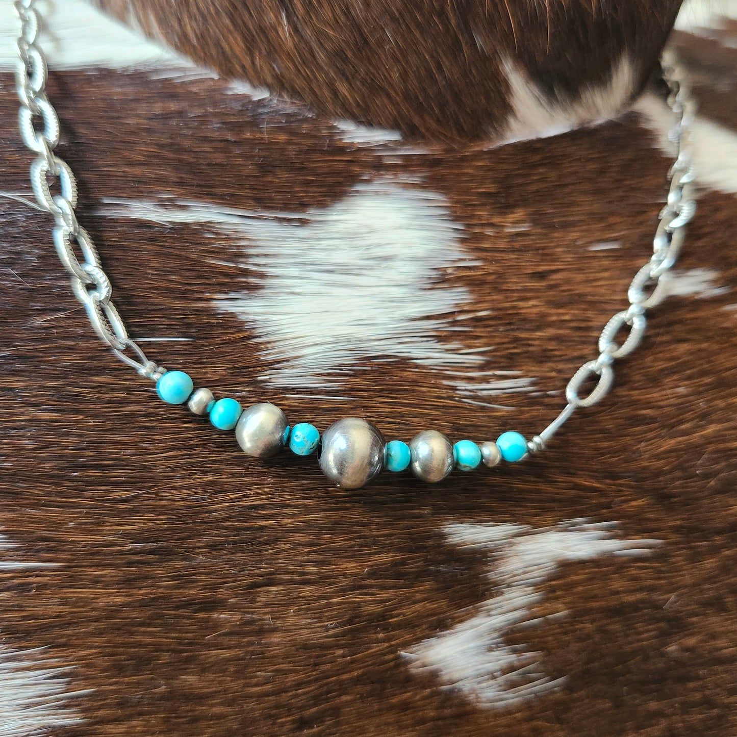 Collier de 15,5 pouces - billes de turquoise et perles d'argent sterling de 3 à 8mm