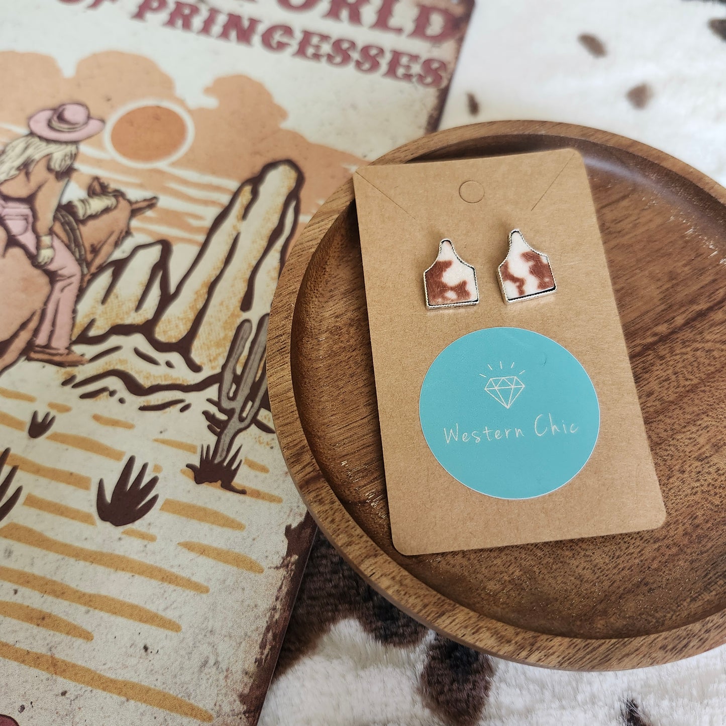 Mini Brown Cow Tag Earrings