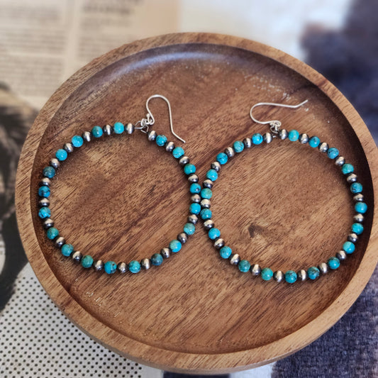 Boucles d'oreille à anneaux de perles argent & turquoise