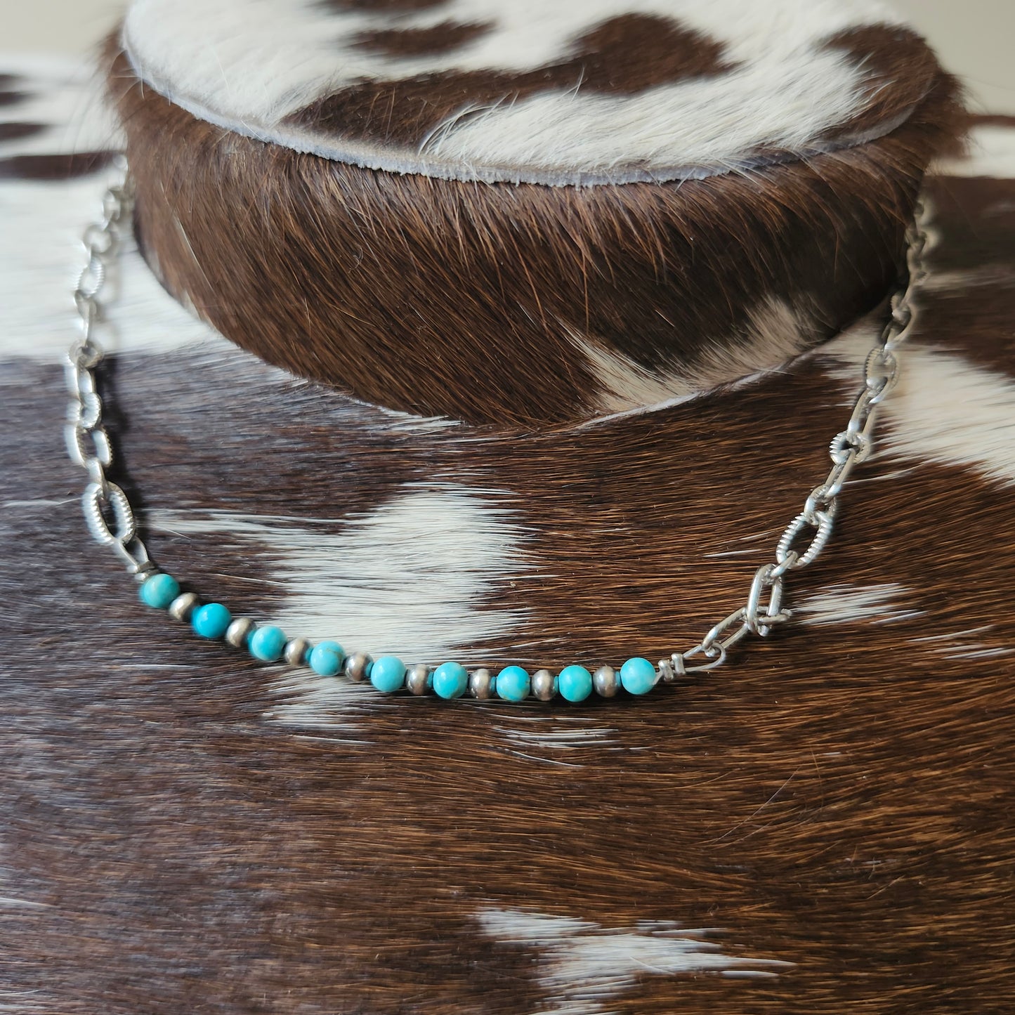 Collier de 15 pouces - billes de turquoise et perles d'argent sterling de 3mm