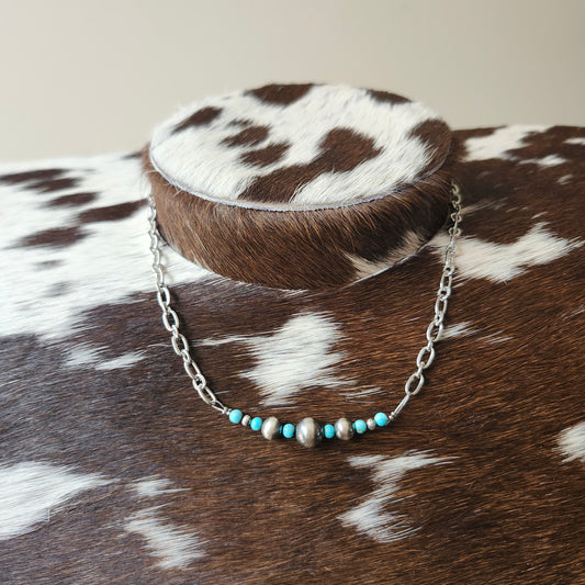 Collier de 15,5 pouces - billes de turquoise et perles d'argent sterling de 3 à 8mm