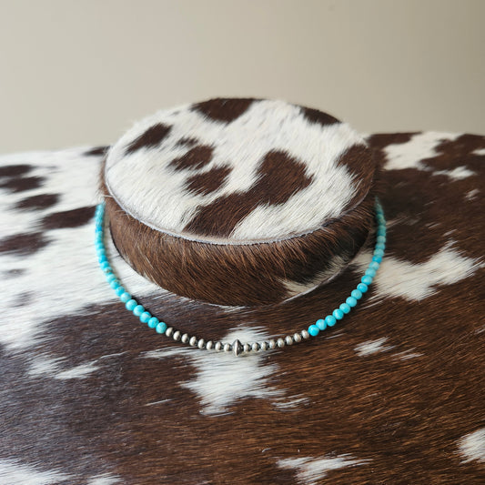 Collier choker de 14 pouces - billes de turquoise et perles d'argent sterling de 3mm